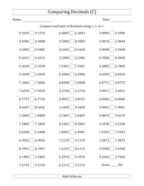 The Comparing Decimals Up to Ten Thousandths (One Digit Differs) (C) Math Worksheet