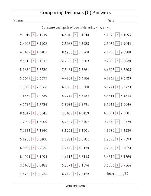 The Comparing Decimals Up to Ten Thousandths (One Digit Differs) (C) Math Worksheet Page 2