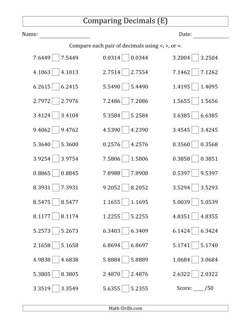 The Comparing Decimals Up to Ten Thousandths (One Digit Differs) (E) Math Worksheet
