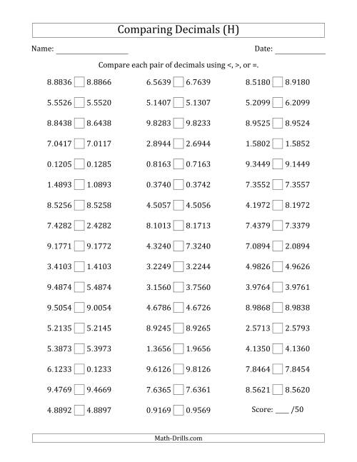 The Comparing Decimals Up to Ten Thousandths (One Digit Differs) (H) Math Worksheet