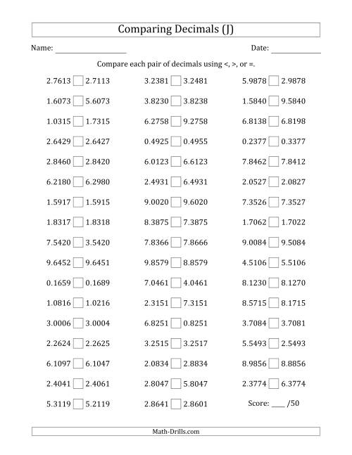 The Comparing Decimals Up to Ten Thousandths (One Digit Differs) (J) Math Worksheet
