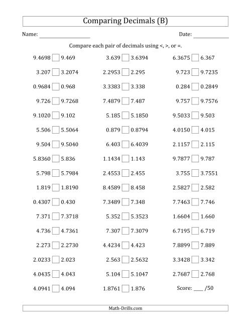 The Comparing Decimals Up to Ten Thousandths (One Number Has an Extra Digit) (B) Math Worksheet