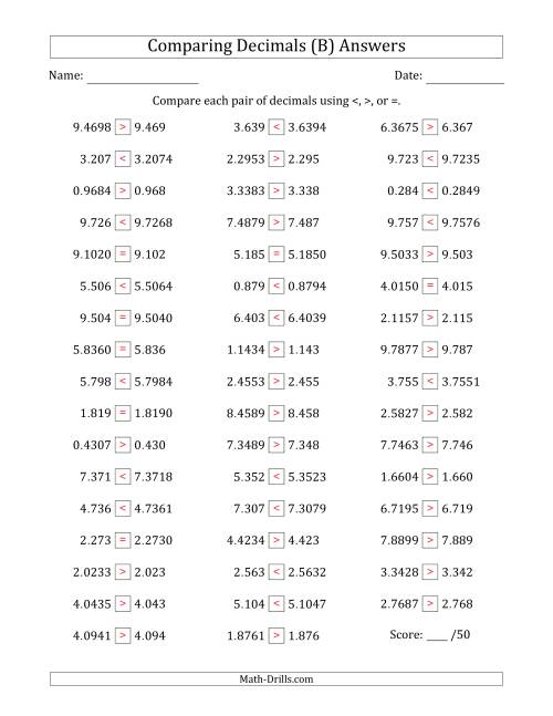 The Comparing Decimals Up to Ten Thousandths (One Number Has an Extra Digit) (B) Math Worksheet Page 2