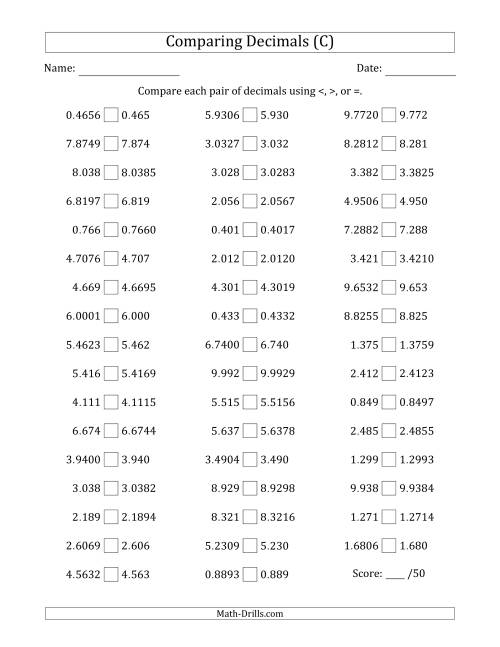 The Comparing Decimals Up to Ten Thousandths (One Number Has an Extra Digit) (C) Math Worksheet