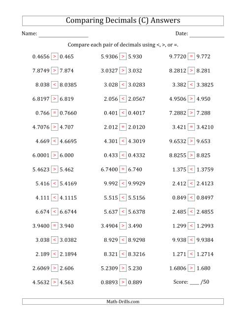 The Comparing Decimals Up to Ten Thousandths (One Number Has an Extra Digit) (C) Math Worksheet Page 2