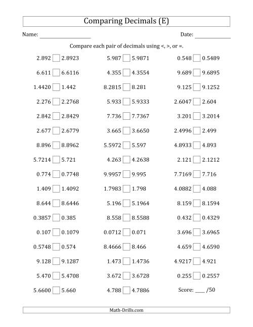 The Comparing Decimals Up to Ten Thousandths (One Number Has an Extra Digit) (E) Math Worksheet