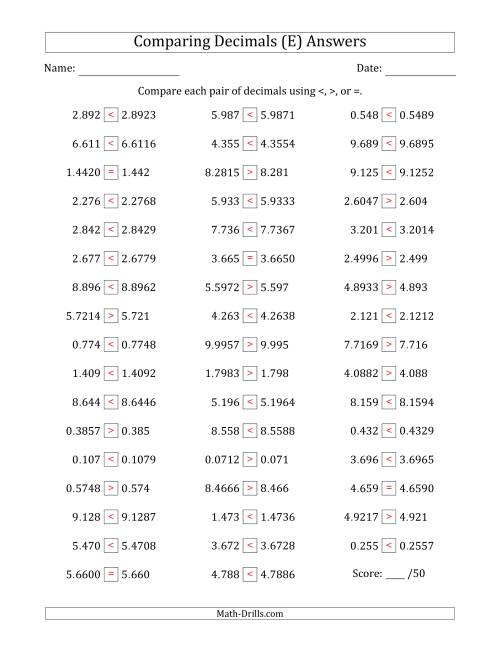 The Comparing Decimals Up to Ten Thousandths (One Number Has an Extra Digit) (E) Math Worksheet Page 2