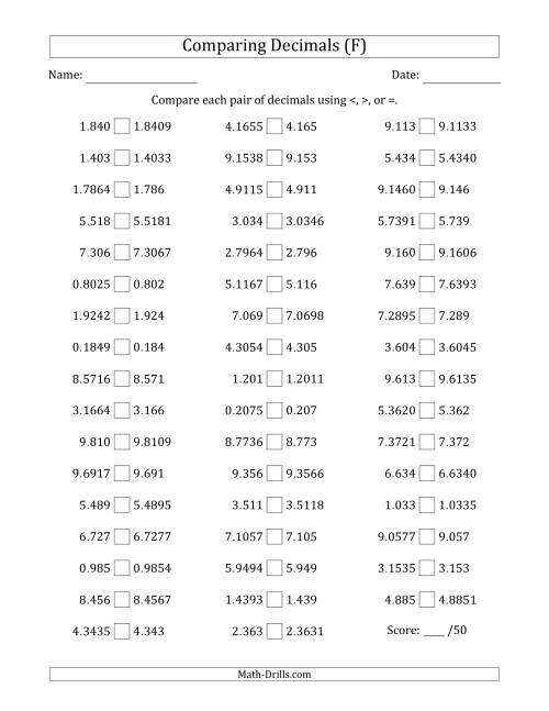 The Comparing Decimals Up to Ten Thousandths (One Number Has an Extra Digit) (F) Math Worksheet