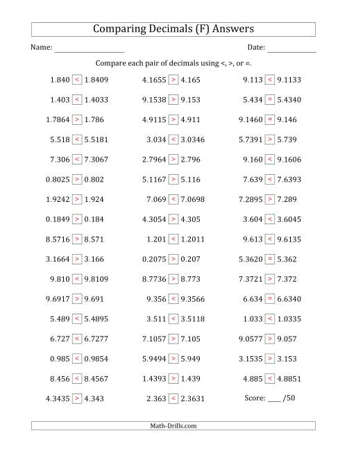 The Comparing Decimals Up to Ten Thousandths (One Number Has an Extra Digit) (F) Math Worksheet Page 2