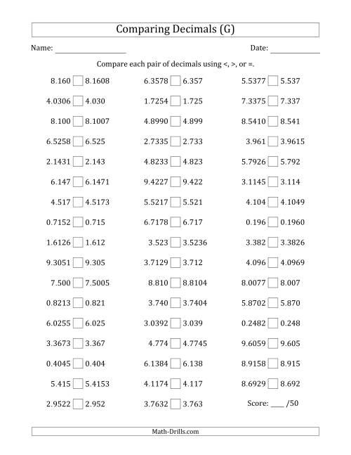 The Comparing Decimals Up to Ten Thousandths (One Number Has an Extra Digit) (G) Math Worksheet