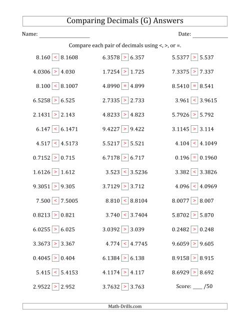 The Comparing Decimals Up to Ten Thousandths (One Number Has an Extra Digit) (G) Math Worksheet Page 2
