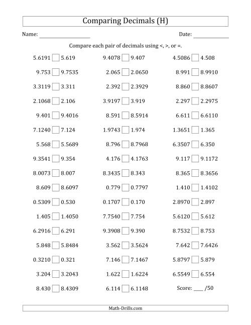 The Comparing Decimals Up to Ten Thousandths (One Number Has an Extra Digit) (H) Math Worksheet