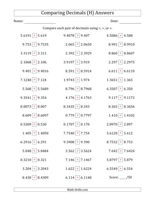 The Comparing Decimals Up to Ten Thousandths (One Number Has an Extra Digit) (H) Math Worksheet Page 2