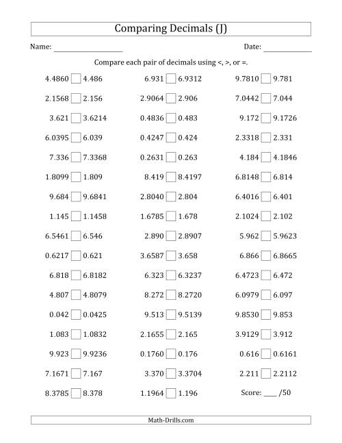 The Comparing Decimals Up to Ten Thousandths (One Number Has an Extra Digit) (J) Math Worksheet