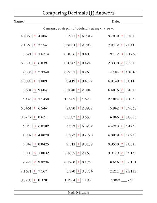 The Comparing Decimals Up to Ten Thousandths (One Number Has an Extra Digit) (J) Math Worksheet Page 2