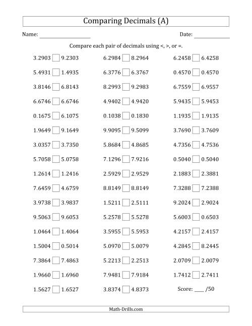 The Comparing Decimals Up to Ten Thousandths (Two Digits Swapped) (A) Math Worksheet