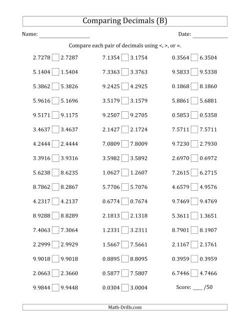 The Comparing Decimals Up to Ten Thousandths (Two Digits Swapped) (B) Math Worksheet