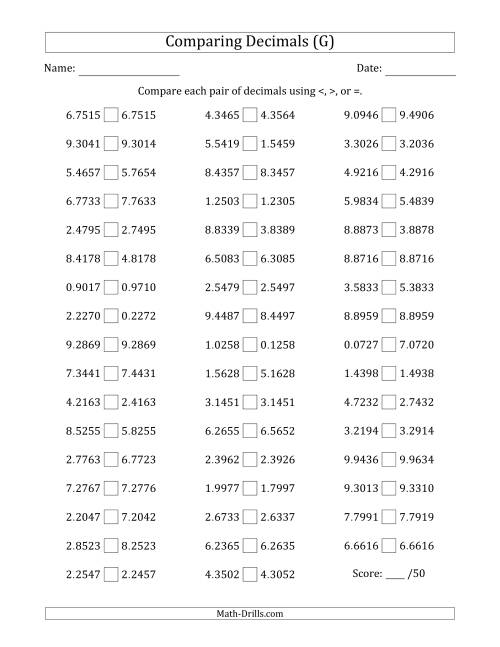 The Comparing Decimals Up to Ten Thousandths (Two Digits Swapped) (G) Math Worksheet