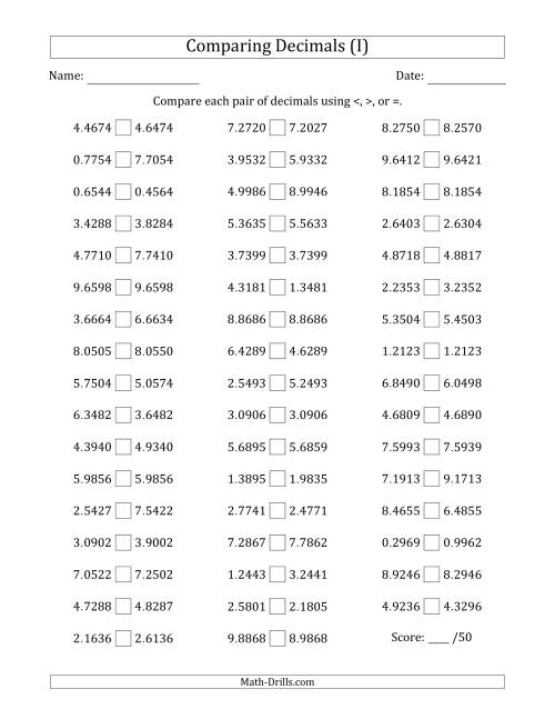 The Comparing Decimals Up to Ten Thousandths (Two Digits Swapped) (I) Math Worksheet