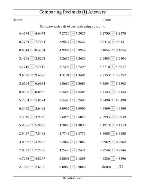 The Comparing Decimals Up to Ten Thousandths (Two Digits Swapped) (I) Math Worksheet Page 2