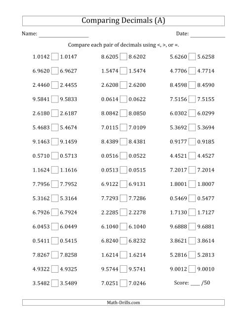 The Comparing Decimals Up to Ten Thousandths (Both Numbers Close in Value) (A) Math Worksheet