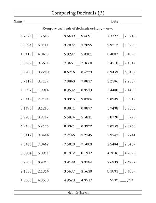The Comparing Decimals Up to Ten Thousandths (Both Numbers Close in Value) (B) Math Worksheet