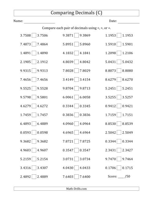 The Comparing Decimals Up to Ten Thousandths (Both Numbers Close in Value) (C) Math Worksheet
