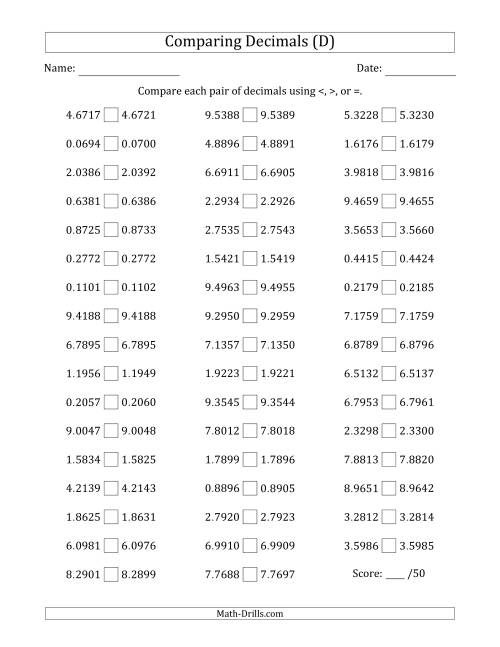 The Comparing Decimals Up to Ten Thousandths (Both Numbers Close in Value) (D) Math Worksheet