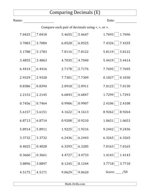 The Comparing Decimals Up to Ten Thousandths (Both Numbers Close in Value) (E) Math Worksheet