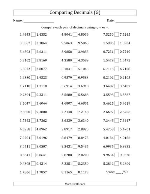 The Comparing Decimals Up to Ten Thousandths (Both Numbers Close in Value) (G) Math Worksheet