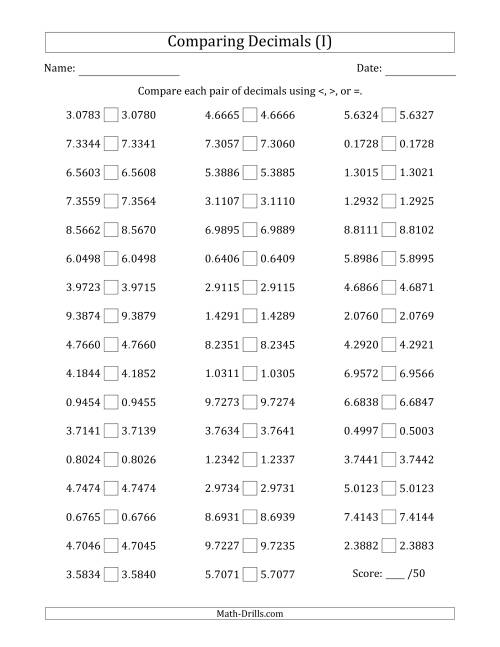 The Comparing Decimals Up to Ten Thousandths (Both Numbers Close in Value) (I) Math Worksheet