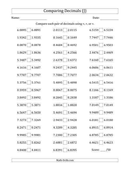 The Comparing Decimals Up to Ten Thousandths (Both Numbers Close in Value) (J) Math Worksheet