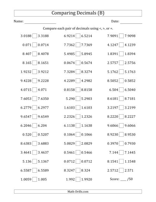 The Comparing Decimals Up to Ten Thousandths (Various Tricks) (B) Math Worksheet