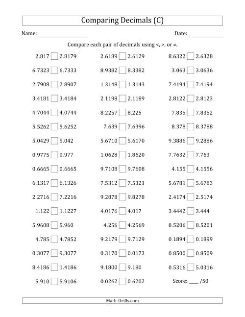 The Comparing Decimals Up to Ten Thousandths (Various Tricks) (C) Math Worksheet