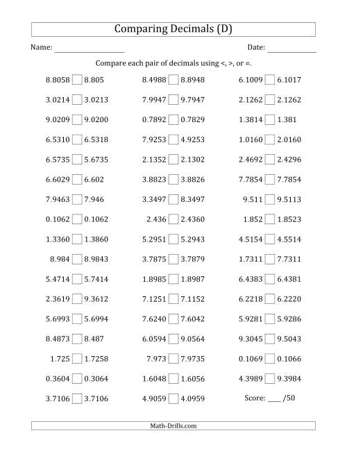 The Comparing Decimals Up to Ten Thousandths (Various Tricks) (D) Math Worksheet