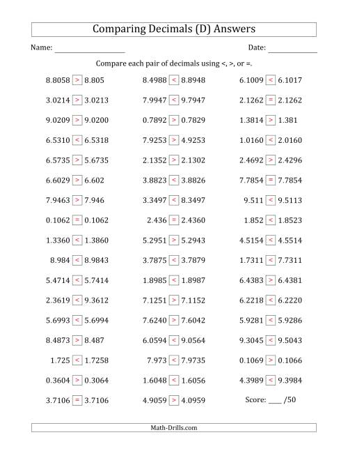 The Comparing Decimals Up to Ten Thousandths (Various Tricks) (D) Math Worksheet Page 2
