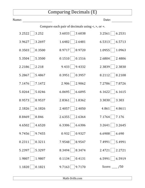 The Comparing Decimals Up to Ten Thousandths (Various Tricks) (E) Math Worksheet