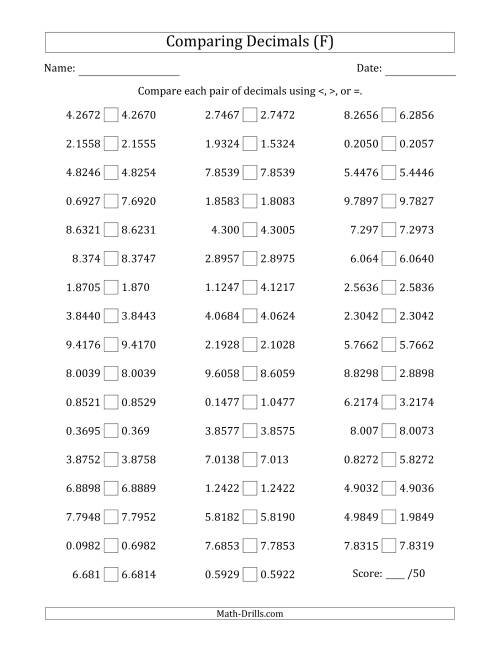 The Comparing Decimals Up to Ten Thousandths (Various Tricks) (F) Math Worksheet