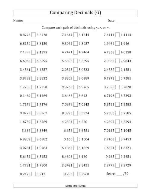 The Comparing Decimals Up to Ten Thousandths (Various Tricks) (G) Math Worksheet