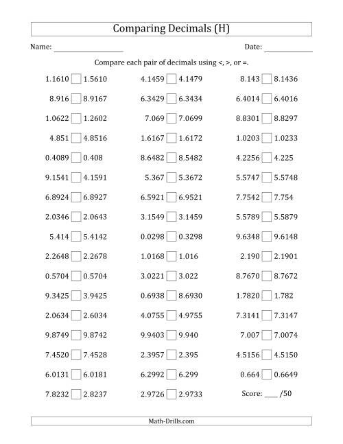 The Comparing Decimals Up to Ten Thousandths (Various Tricks) (H) Math Worksheet