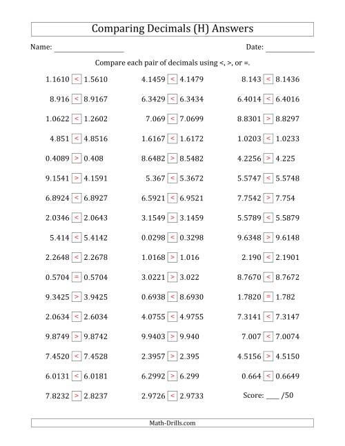 The Comparing Decimals Up to Ten Thousandths (Various Tricks) (H) Math Worksheet Page 2