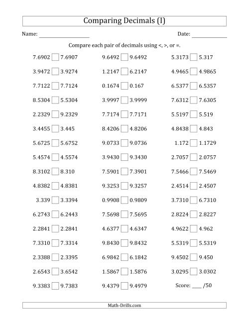 The Comparing Decimals Up to Ten Thousandths (Various Tricks) (I) Math Worksheet