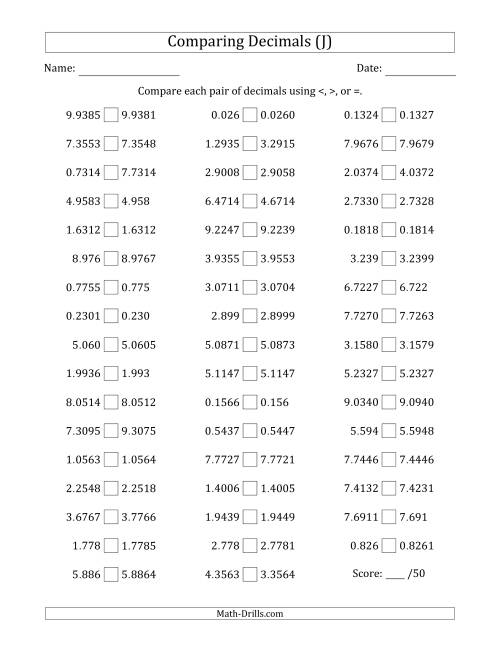 The Comparing Decimals Up to Ten Thousandths (Various Tricks) (J) Math Worksheet