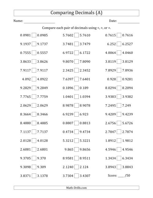 The Comparing Decimals Up to Ten Thousandths (Various Tricks) (All) Math Worksheet