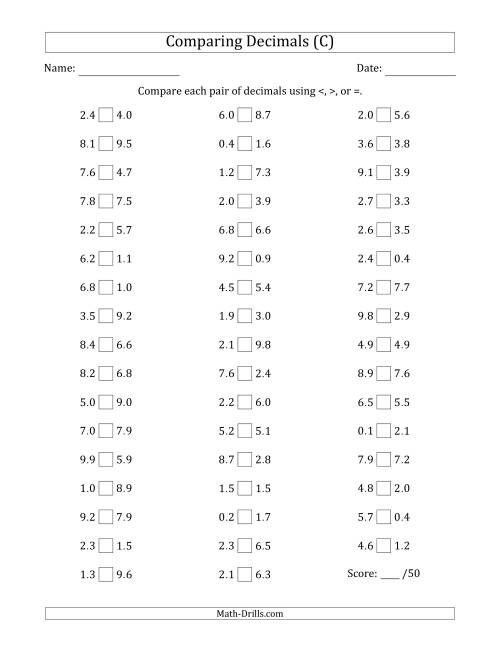 The Comparing Decimals Up to Tenths (Both Numbers Random) (C) Math Worksheet