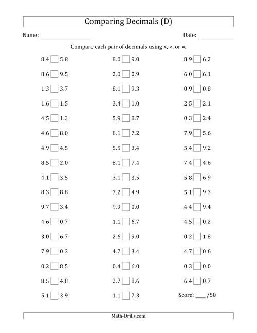 The Comparing Decimals Up to Tenths (Both Numbers Random) (D) Math Worksheet