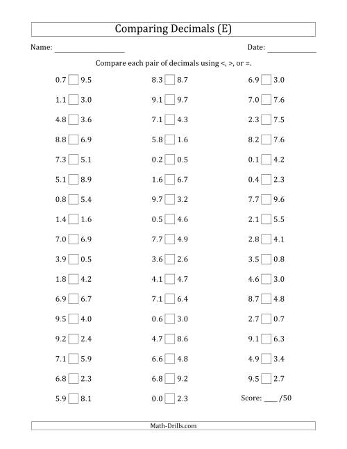 The Comparing Decimals Up to Tenths (Both Numbers Random) (E) Math Worksheet