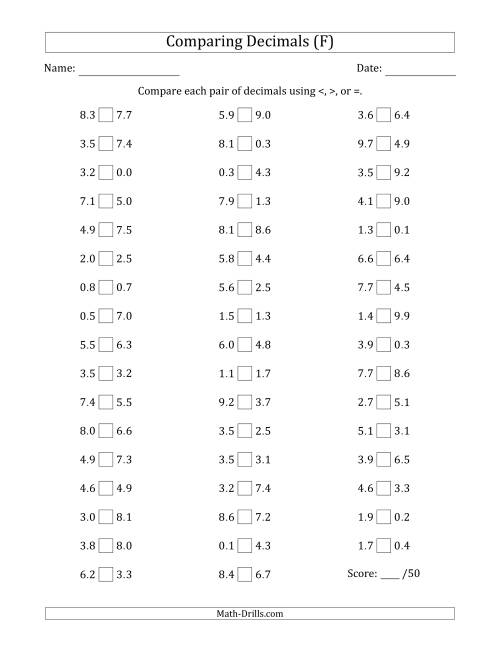 The Comparing Decimals Up to Tenths (Both Numbers Random) (F) Math Worksheet