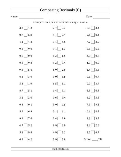 The Comparing Decimals Up to Tenths (Both Numbers Random) (G) Math Worksheet