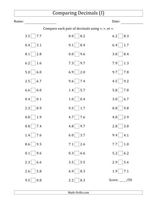 The Comparing Decimals Up to Tenths (Both Numbers Random) (I) Math Worksheet